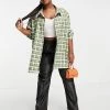 Best deal 🥰 Public Desire Curve Oversized Khaki Check 👚 Shirt For Women Multi 🧨