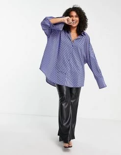 Hot Sale 🌟 Public Desire Curve Oversized Waffled Check 👕 Shirt In Blue For Women ✨ -Outlet Women's Public Desire Store unnamed file 4705