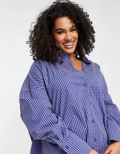 Hot Sale 🌟 Public Desire Curve Oversized Waffled Check 👕 Shirt In Blue For Women ✨ -Outlet Women's Public Desire Store unnamed file 4706