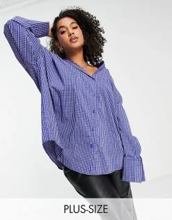 Hot Sale 🌟 Public Desire Curve Oversized Waffled Check 👕 Shirt In Blue For Women ✨ -Outlet Women's Public Desire Store unnamed file 4707