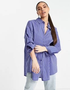 Cheapest ๐ Public Desire Oversized Waffled Check ๐ Shirt In Blue For Women ๐ฅฐ
