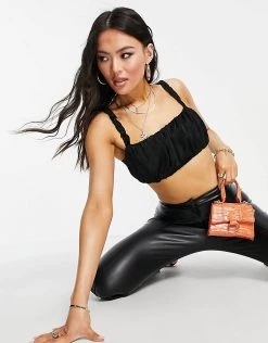 Top 10 🎉 Public Desire Ruched Crop Top With Ruffle Strap Co Ord In Black For Women ✨