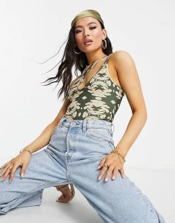 Cheap 🤩 Public Desire One Shoulder Plunge Body In Green Print For Women Multi 🌟 -Outlet Women's Public Desire Store unnamed file 4744