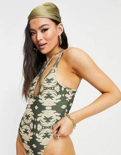 Cheap 🤩 Public Desire One Shoulder Plunge Body In Green Print For Women Multi 🌟 -Outlet Women's Public Desire Store unnamed file 4746