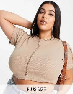 Budget 🎉 Public Desire Curve Seam Detail Ribbed Cropped T-shirt In Sand For Women ❤️ -Outlet Women's Public Desire Store unnamed file 4757