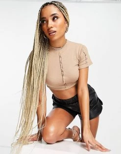 Cheap 👏 Public Desire Seam Detail Crop Top In Sand For Women ⭐