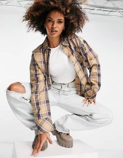 Best Sale 💯 Public Desire Oversized Check 👕 Shirt In Beige For Women Multi 🧨