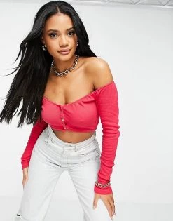 Best deal 🌟 Public Desire Off Shoulder Crop Top In Fuchsia For Women Pink 🌟
