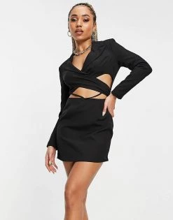 Best Pirce 💯 Public Desire X Amber Gill Wrap Detail Cropped Blazer 👗 Dress With Drop Waist In Black For Women 🤩