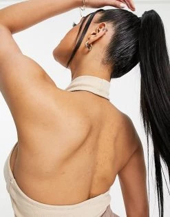 Cheap 🔔 Public Desire High Neck Corset Detail Crop Top In Stone For Women 🎉 -Outlet Women's Public Desire Store unnamed file 4874