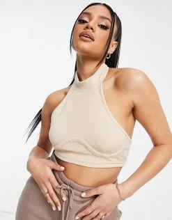 Cheap 🔔 Public Desire High Neck Corset Detail Crop Top In Stone For Women 🎉 -Outlet Women's Public Desire Store unnamed file 4875