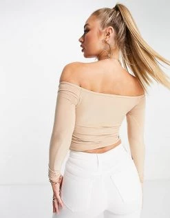 Best Sale ⭐ Public Desire Ruched Off Shoulder Crop Top Co Ord In Stone For Women 🎉 -Outlet Women's Public Desire Store unnamed file 4904