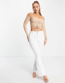 Best Sale ⭐ Public Desire Ruched Off Shoulder Crop Top Co Ord In Stone For Women 🎉 -Outlet Women's Public Desire Store unnamed file 4905