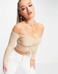 Best Sale ⭐ Public Desire Ruched Off Shoulder Crop Top Co Ord In Stone For Women 🎉 -Outlet Women's Public Desire Store unnamed file 4906