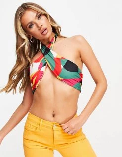 Best Pirce 🔔 Public Desire Cross Front Crop Top In Abstract Print For Women Multi 🥰 -Outlet Women's Public Desire Store unnamed file 4921