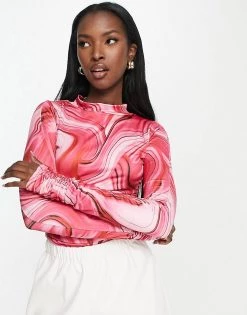 Budget 🎁 Public Desire Double Layer Slinky High Neck Bodysuit In Fuschia Swirl For Women 🤩