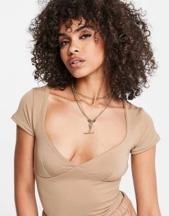 Best Sale 👏 Public Desire Slinky Capped Sleeve Plunge Double Layer Bodysuit In Chestnut For Women 🔔