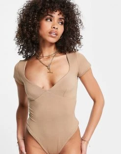 Best Sale 👏 Public Desire Slinky Capped Sleeve Plunge Double Layer Bodysuit In Chestnut For Women 🔔 -Outlet Women's Public Desire Store unnamed file 4974