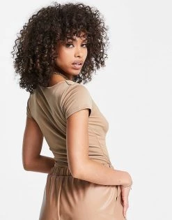 Best Sale 👏 Public Desire Slinky Capped Sleeve Plunge Double Layer Bodysuit In Chestnut For Women 🔔 -Outlet Women's Public Desire Store unnamed file 4975