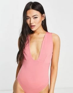 Hot Sale 👍 Public Desire Double Layer Slinky Plunge Bodysuit In Rose Pink For Women ❤️ -Outlet Women's Public Desire Store unnamed file 4984