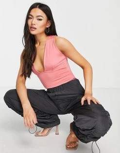 Hot Sale 👍 Public Desire Double Layer Slinky Plunge Bodysuit In Rose Pink For Women ❤️ -Outlet Women's Public Desire Store unnamed file 4986