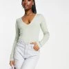Best reviews of 👏 Public Desire Long Sleeve V Neck Thong Double Layer Bodysuit In Sage Green For Women 🔔