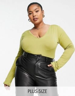 Outlet 🎁 Public Desire Curve Double Layered Slinky V Neck Thong Bodysuit In Palm Green For Women 🎉