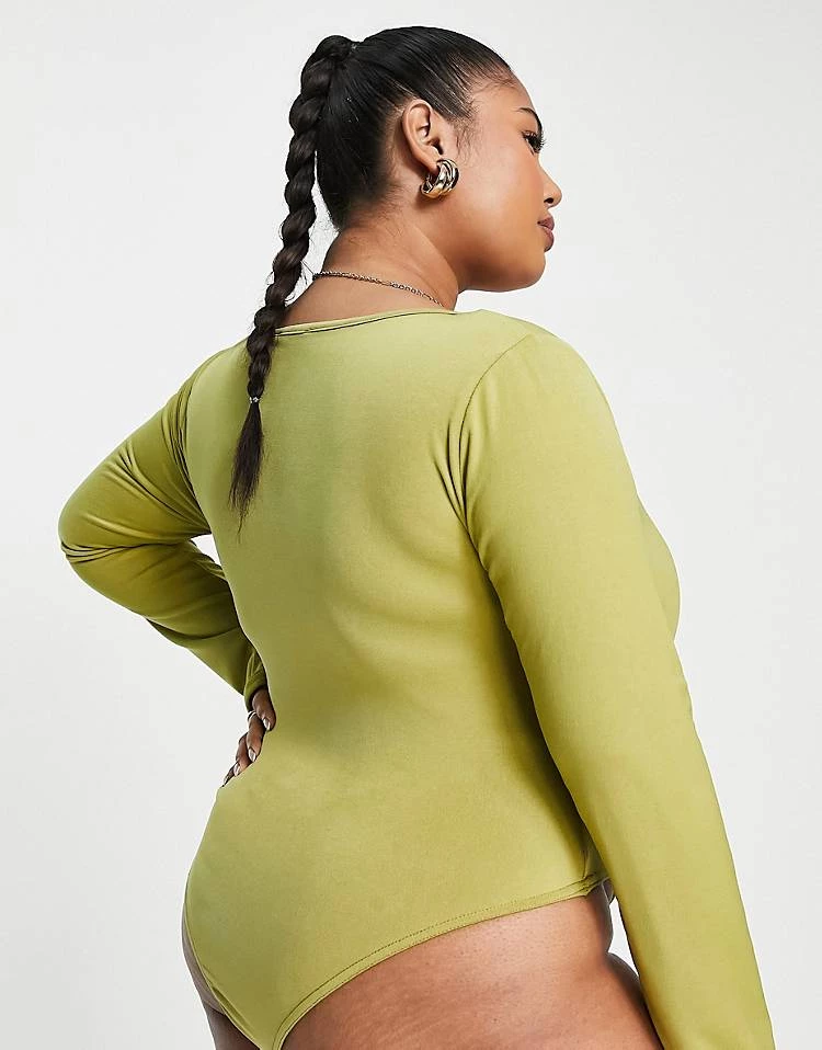 Outlet 🎁 Public Desire Curve Double Layered Slinky V Neck Thong Bodysuit In Palm Green For Women 🎉 4 Outlet 🎁 Public Desire Curve Double Layered Slinky V Neck Thong Bodysuit In Palm Green For Women 🎉 - Image 2