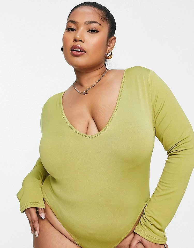 Outlet 🎁 Public Desire Curve Double Layered Slinky V Neck Thong Bodysuit In Palm Green For Women 🎉 5 Outlet 🎁 Public Desire Curve Double Layered Slinky V Neck Thong Bodysuit In Palm Green For Women 🎉 - Image 3