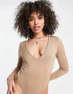 Hot Sale 😉 Public Desire Long Sleeve V Neck Thong Double Layer Bodysuit In Chestnut For Women ✨ -Outlet Women's Public Desire Store unnamed file 5024