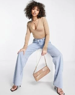 Hot Sale 😉 Public Desire Long Sleeve V Neck Thong Double Layer Bodysuit In Chestnut For Women ✨ -Outlet Women's Public Desire Store unnamed file 5025