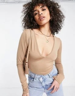 Hot Sale 😉 Public Desire Long Sleeve V Neck Thong Double Layer Bodysuit In Chestnut For Women ✨ -Outlet Women's Public Desire Store unnamed file 5026