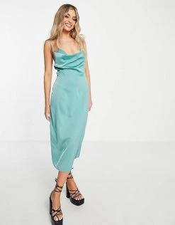 Budget 👏 Public Desire Cowl Neck Satin Slip 👗 Dress In Aqua Blue For Women ⭐ -Outlet Women's Public Desire Store unnamed file 503