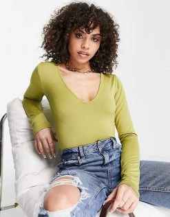 Budget 🔔 Public Desire Long Sleeve V Neck Thong Double Layer Bodysuit In Palm Green For Women ✨ -Outlet Women's Public Desire Store unnamed file 5036
