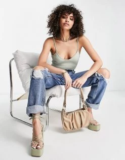 Hot Sale 🌟 Public Desire Slinky Low Back Double Layer Bodysuit In Sage Green For Women 🎉 -Outlet Women's Public Desire Store unnamed file 5040