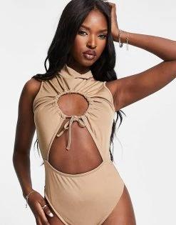 Cheapest ✨ Public Desire Slinky Cut Out Ruched Double Layer Bodysuit In Chestnut For Women ✨ -Outlet Women's Public Desire Store unnamed file 5044
