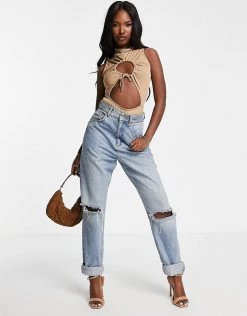 Cheapest ✨ Public Desire Slinky Cut Out Ruched Double Layer Bodysuit In Chestnut For Women ✨ -Outlet Women's Public Desire Store unnamed file 5045