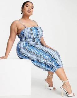 Hot Sale ⌛ Public Desire Curve X Kenza Ruched Midaxi 👗 Dress In Blue Multi For Women Mocha 👏 -Outlet Women's Public Desire Store unnamed file 518