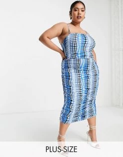 Hot Sale ⌛ Public Desire Curve X Kenza Ruched Midaxi 👗 Dress In Blue Multi For Women Mocha 👏 -Outlet Women's Public Desire Store unnamed file 519