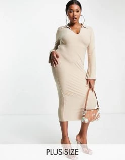 Wholesale 🔥 Public Desire Curve Collar Midi 👗 Dress With Open Back In Stone For Women 🔔