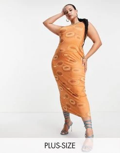 Best Pirce ✔️ Public Desire Curve 70's Inspired Bodycon 👗 Dress In Brown Print For Women Multi 🤩