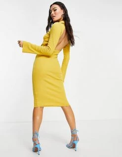 Top 10 👍 Public Desire Open Back Midi 👗 Dress In Mustard For Women Honeycomb 🎉