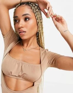 Promo ✨ Public Desire Gathered Maxi 👗 Dress With Cut Out Detail In Ecru For Women 🎉 -Outlet Women's Public Desire Store unnamed file 572