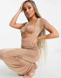 Promo ✨ Public Desire Gathered Maxi 👗 Dress With Cut Out Detail In Ecru For Women 🎉 -Outlet Women's Public Desire Store unnamed file 573