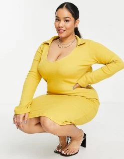 Best Pirce 😉 Public Desire Curve Open Back Midi 👗 Dress In Mustard For Women Honey Comb 🌟 -Outlet Women's Public Desire Store unnamed file 577