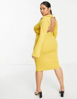 Best Pirce 😉 Public Desire Curve Open Back Midi 👗 Dress In Mustard For Women Honey Comb 🌟 -Outlet Women's Public Desire Store unnamed file 578