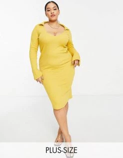 Best Pirce 😉 Public Desire Curve Open Back Midi 👗 Dress In Mustard For Women Honey Comb 🌟 -Outlet Women's Public Desire Store unnamed file 579