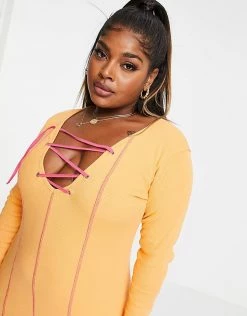 Outlet 🤩 Public Desire Curve Lace Up Bodycon Mini 👗 Dress With Contrast Stitch In Orange For Women 🧨 -Outlet Women's Public Desire Store unnamed file 623