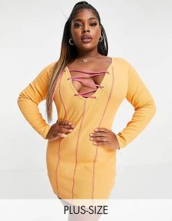 Outlet 🤩 Public Desire Curve Lace Up Bodycon Mini 👗 Dress With Contrast Stitch In Orange For Women 🧨 -Outlet Women's Public Desire Store unnamed file 624