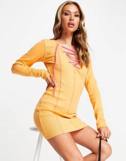 Best deal 👏 Public Desire Lace Up Bodycon Mini 👗 Dress With Contrast Stitch In Orange For Women ❤️
